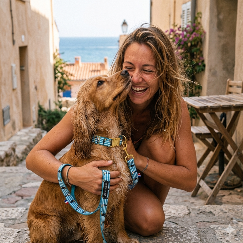 ensemble collier et laisse chien toucan illustrés