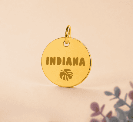 Pendentif en or avec inscription Indiana et motif de feuille tropicale.